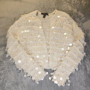 Forever 21 Sequin Sweater Cardigan White Sz Small Tassel Festive Holiday Knit